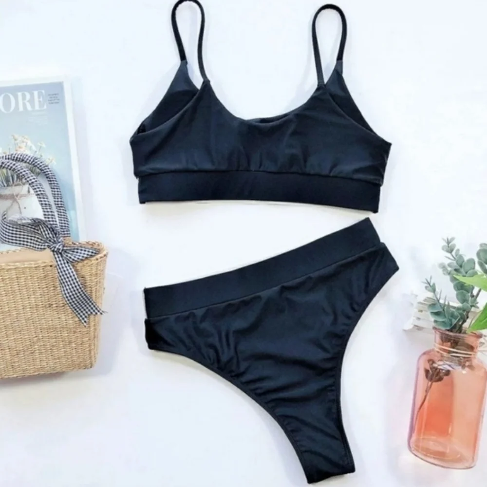 New Black Shimmering Bralette Top Bikini Set Swimsuit Size S